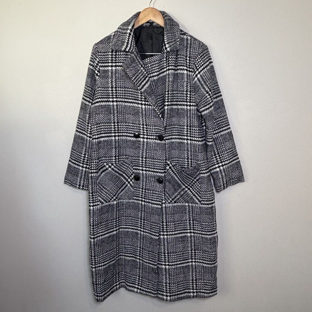 Plaid Houndstooth Long Coat Womens M Trench Coat Longline Jacket Dark Academia